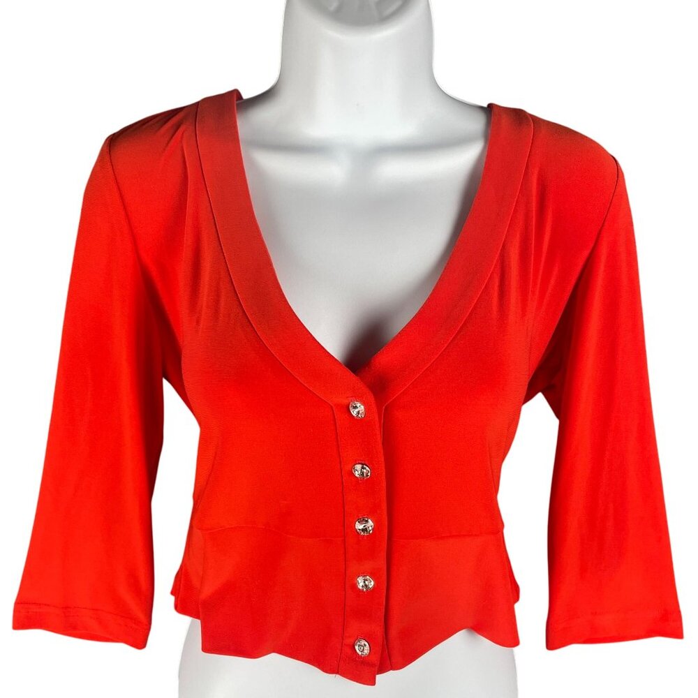 Joseph Ribkoff Top Womens 8 Red Orange Rhinestone Buttons Sparkle Party Glam